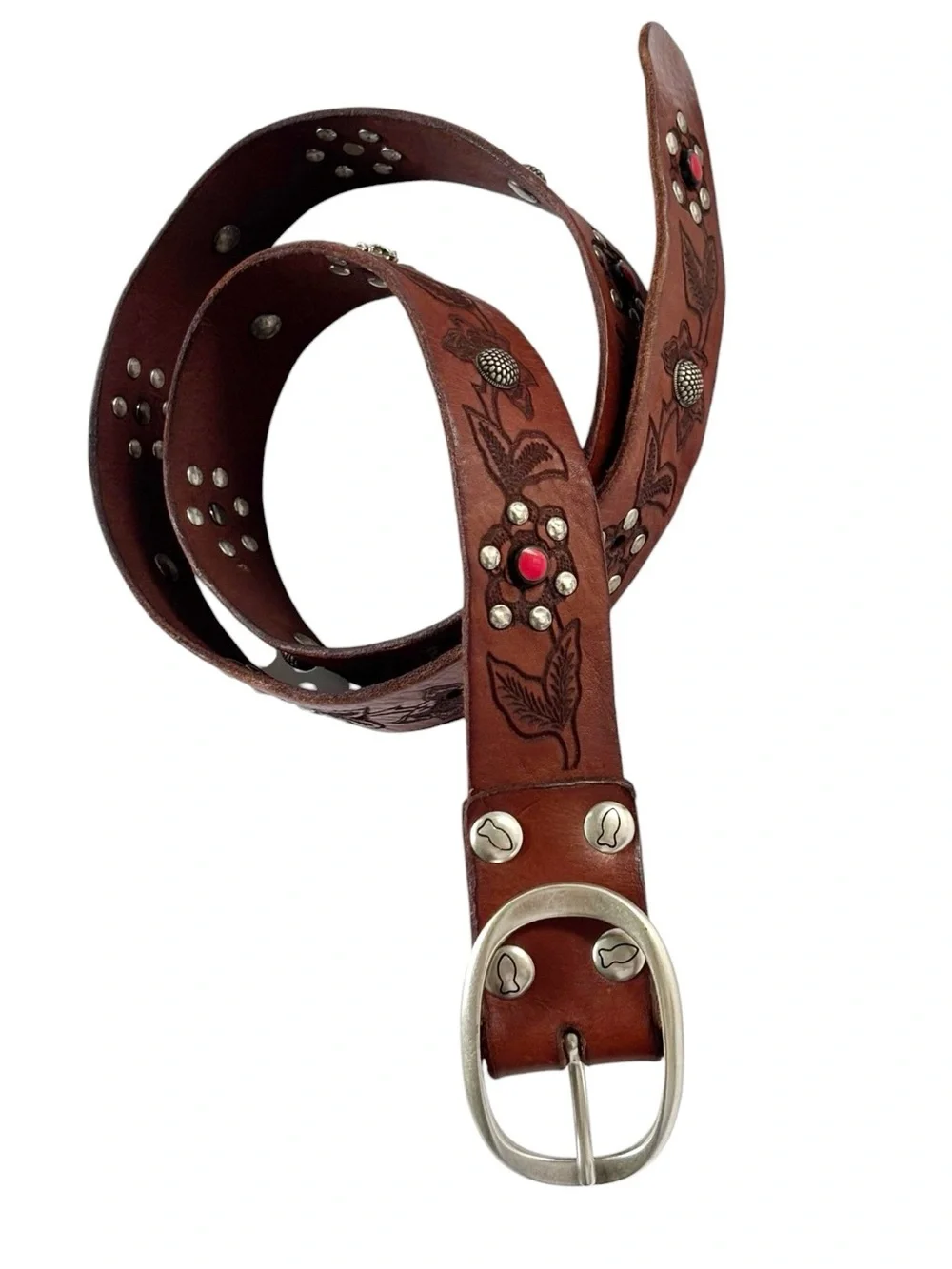 Campomaggi Iperico Cognac-coloured leather belt w/ metallic studs floral motif